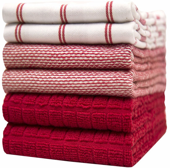 Picture of Premium Kitchen Towels (20”x 28”, 6 Pack) - Large Cotton Kitchen Hand Towels - Flat & Terry Towel - Highly Absorbent Tea Towels Set with Hanging Loop (Red Check)