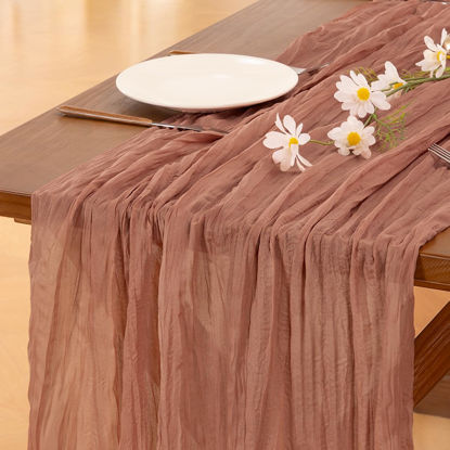 Picture of Socomi Dark Rose Table Runner Cheesecloth Table Runner 120 inch Cheese Cloth Runner Spring Easter 10FT Boho Rustic Gauze Table Runner for Wedding Party Baby Shower Birthday Home Decor