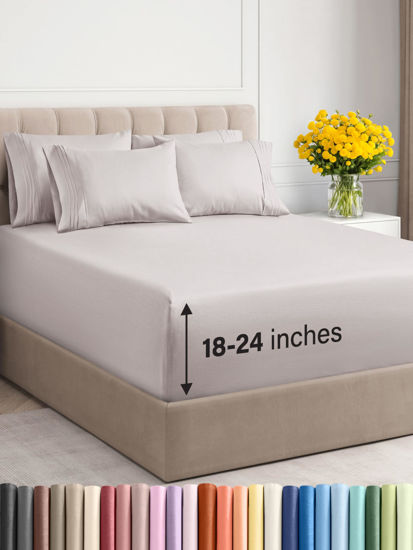 Picture of Extra Deep Cal King Sheet Set - 6 Piece Breathable & Cooling Sheets - Hotel Luxury Bedding Set w/18-24 Inch Extra Deep Pockets - Easy Fit - Super Soft, Wrinkle Free & Comfy - Light Grey, Cal King Size