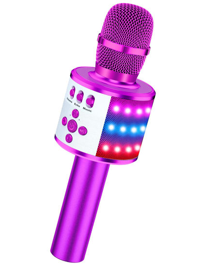 Picture of BONAOK Bluetooth Wireless Karaoke Microphone with LED Lights,4-in-1 Portable Handheld Mic with Speaker Karaoke Player for Singing Home Party Toys Birthday Gift for Kids Adults Girls Q78(Purple)