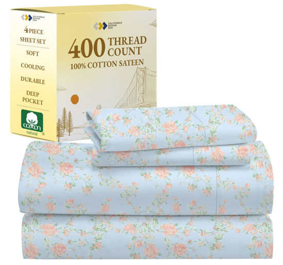 Picture of California Design Den Floral Sheets for Queen Size Bed - 100% Cotton Sheets Set, Luxury 400 Thread Count Sateen, Deep Pocket Queen Sheets (Antique Rose)