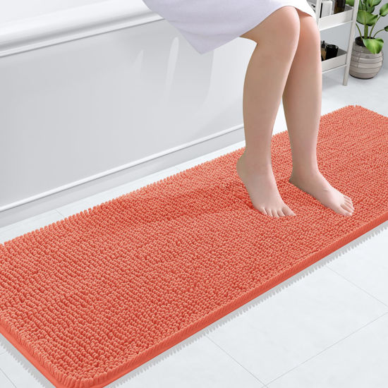 Picture of OLANLY Bathroom Rugs 59x20, Extra Soft Absorbent Chenille Bath Rugs, Rubber Backing Quick Dry, Machine Washable Bath Mats for Bathroom Floor, Tub and Shower, Home Decor Accessories, Coral