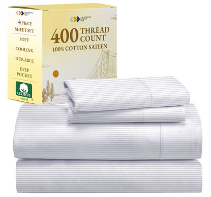 Picture of California Design Den Pinstripe King Size Sheets - Softest 100% Cotton Sheets Set, Luxury 400 Thread Count Sateen, Printed Striped Pattern Bed Sheets (Pinstriped)