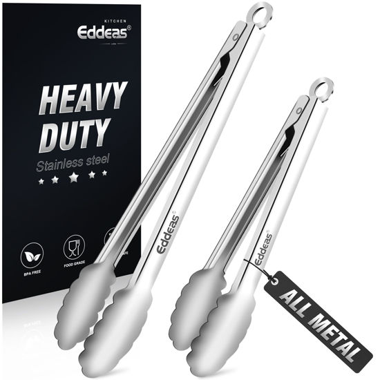 Picture of Eddeas All Metal Tongs For Cooking - Heat Resistant 600 Degrees Stainless Steel Kitchen Tongs, Set of 2-9" & 12 inch, Locking Tongs, For Food,Salad, BBQ, Grilling, Dishwasher safe