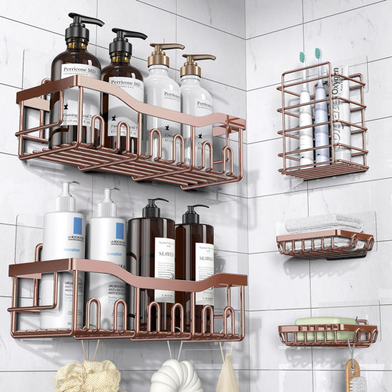 Picture of Shower Caddy 5 Pack,Adhesive Shower Organizer for Bathroom Storage&Home Decor&Kitchen,No Drilling,Large Capacity,Rustproof Stainless Steel Bathroom Organizer,Shower Shelves for Inside Shower-Larger