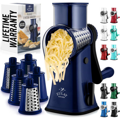 Picture of Zulay Rotary Cheese Grater 5 Blade Cheese Shredder - Manual Hand Crank Cheese Grater With Reinforced Suction & 5 Interchangeable Drums - Easy to Use Vegetable Chopper - Crystal Sapphire