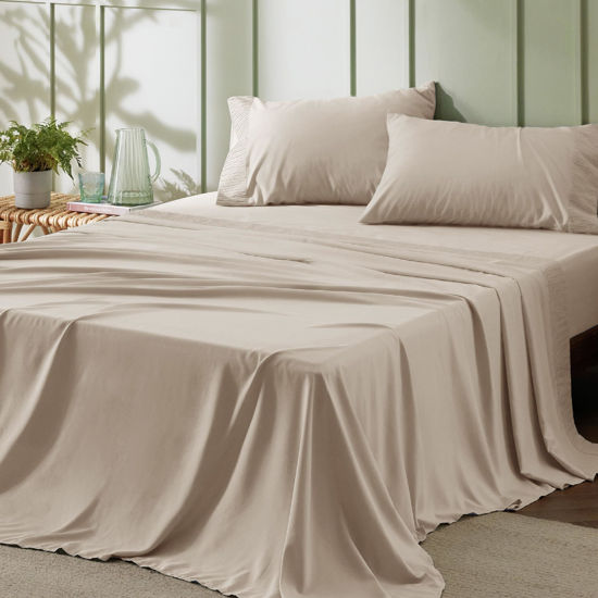 Picture of Bedsure California King Sheet Sets - Soft Sheets for California King Size Bed, 4 Pieces Hotel Luxury Light Khaki Sheets Cal King, Easy Care Polyester Microfiber Cooling Bed Sheet Set