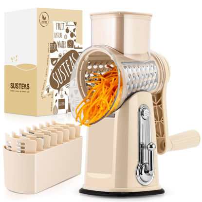Picture of SUSTEAS Rotary Cheese Grater with Handle - Vegetable Shredder with 5 Well-designed Blades & Strong Suction Base,Round Mandoline Slicer & Food Chopper for Kitchen,with Blade Storage Box(Beige)