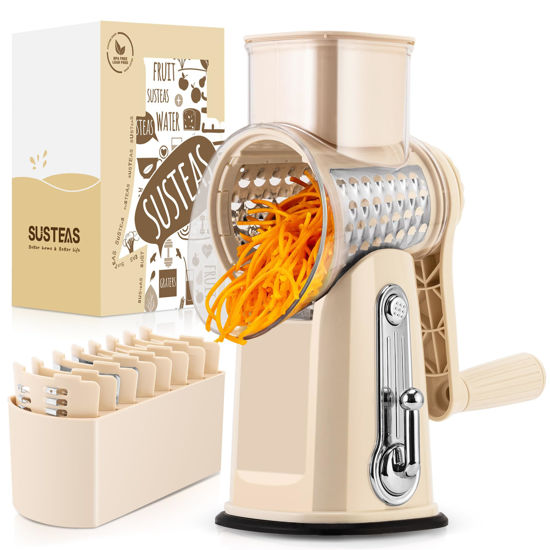 Picture of SUSTEAS Rotary Cheese Grater with Handle - Vegetable Shredder with 5 Well-designed Blades & Strong Suction Base,Round Mandoline Slicer & Food Chopper for Kitchen,with Blade Storage Box(Beige)