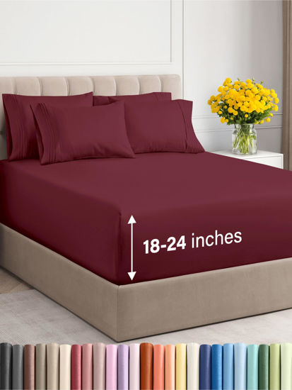 Picture of Extra Deep King Sheet Set - 6 Piece Breathable & Cooling Sheets - Hotel Luxury Bedding Set w/18-24 Inch Extra Deep Pockets - Easy & Secure Fit - Super Soft, Wrinkle Free & Comfy - Burgundy, King Size