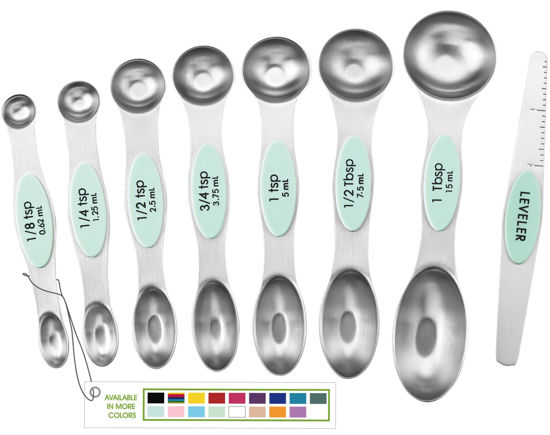 Picture of Spring Chef Stainless Steel Magnetic Measuring Spoons Set of 8 with Leveler, Nesting Metal Teaspoon & Tablespoon Measuring Spoons, Kitchen Gadgets for Baking & Cooking, Fits in Spice Jars - Mint