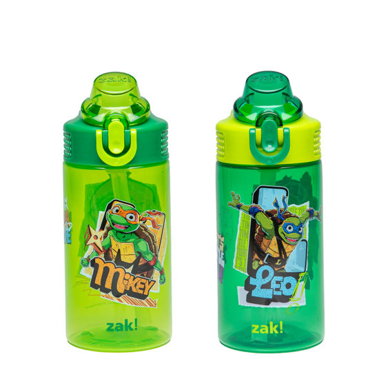 Picture of Zak Designs TMNT Sage Kids Water Bottle For School or Travel, 16oz Durable Plastic Water Bottle With Straw, Handle, and Leak-Proof, Pop-Up Spout Cover, 2-Pack Set (Teenage Mutant Ninja Turtles)