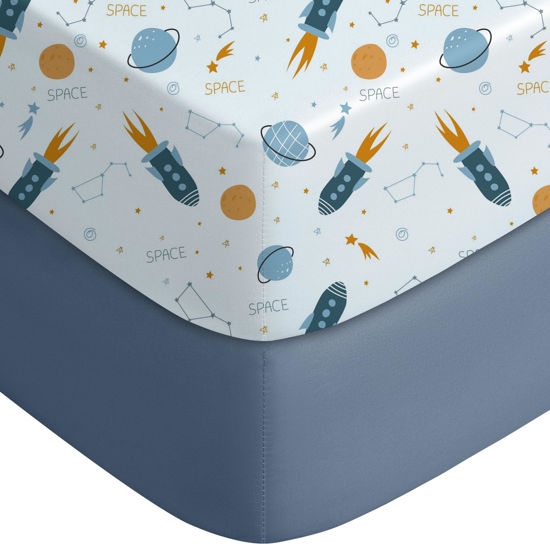 Picture of Yoofoss Pack and Play Sheets Fitted, Mini Crib Sheets 2-Pack for Pack N Play Mattress, Stretchy Playard Sheet, Soft and Breathable Blue Rocket