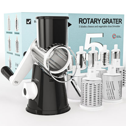 Picture of Cambom Rotary Cheese Grater Hand Crank Cheese Shredder for Fresh Cheese, Vegetable, Nuts,Non-slip Suction Base, Five Blades, Black