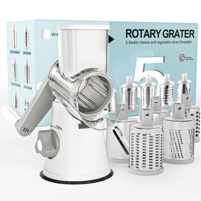 Picture of Cambom Rotary Cheese Grater Hand Crank Cheese Shredder for Fresh Cheese, Vegetable, Nuts,Non-slip Suction Base, Five Blades, White