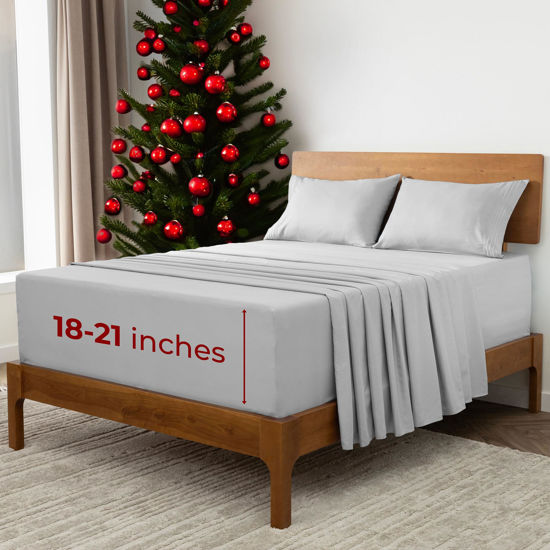 Picture of Mellanni Extra Deep Split King Sheets - 5 PC Iconic Collection Bedding Sheets & Pillowcases - Hotel Luxury, Ultra Soft, Cooling Bed Sheets - for Women, Men, Kids & Teens (Split King, Light Gray)