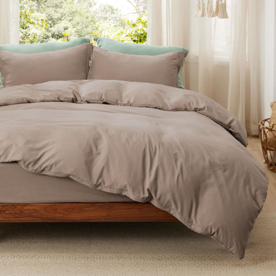 Picture of Bedsure Duvet Cover California King Size with Fitted Sheet - Soft Prewashed Duvet Cover Set, 4 Pieces, Includes 1 Duvet Cover with Zipper Closure, 2 Pillow Shams, 1 Fitted Sheet, Khaki