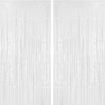 Picture of PIGETALE 2 Pack 3.2 ft x 8.2 ft White Tinsel Curtain Party Backdrop Decorations, Metallic Foil Fringe Curtain for Wedding Parties Door Streamers Christmas Birthday Bachelorette Photo Booth Party Decor