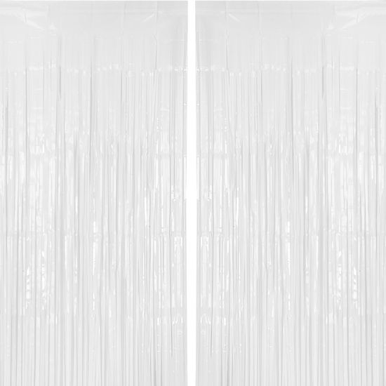 Picture of PIGETALE 2 Pack 3.2 ft x 8.2 ft White Tinsel Curtain Party Backdrop Decorations, Metallic Foil Fringe Curtain for Wedding Parties Door Streamers Christmas Birthday Bachelorette Photo Booth Party Decor