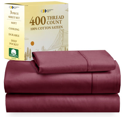 Picture of California Design Den 100% Cotton Sheets, Twin XL Sheets Set, 400 Thread Count Sateen Bedding for Dorm Rooms & Adults, Deep Pocket Sheets, Cooling Sheets (Burgundy Red)
