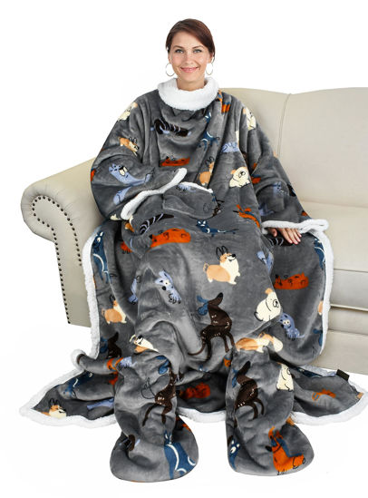 Picture of Catalonia Sherpa Wearable Blanket with Sleeves & Foot Pockets for Adult Women Men, Comfy Snuggle Wrap Sleeved Throw Blanket Robe, Gift Idea