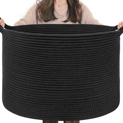 Picture of INDRESSME Large Laundry Basket 21.7" x 21.7" x 13.8" Woven Baskets for Storage Rope Blanket Basket for Living Room Toy Baskets Bin Storage Kids Shoe Basket for Entryway, Black