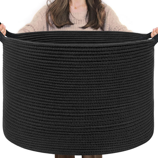 Picture of INDRESSME Large Laundry Basket 21.7" x 21.7" x 13.8" Woven Baskets for Storage Rope Blanket Basket for Living Room Toy Baskets Bin Storage Kids Shoe Basket for Entryway, Black