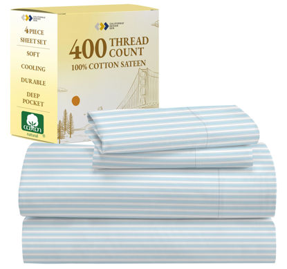 Picture of California Design Den Striped Bed Sheets California King Size - 100% Cotton Sheets Set, Luxury 400 Thread Count Sateen, Deep Pocket California King Sheets with Printed Pattern (Cape Stripe)