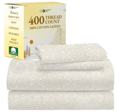 Picture of California Design Den Paisley Sheet Set Twin XL Size - 400 Thread Count 100% Cotton Sateen Twin XL Size Sheets, Deep Pocket Sheets Set & Pillowcase Set - Paisley Pattern, Beige