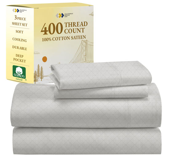 Picture of California Design Den Extra Long Twin Sheets Set - 400 Thread Count, 100% Cotton Sateen Deep Pocket Twin XL Sheets & Pillowcase Set (Taupish-Sage Crosshatch)