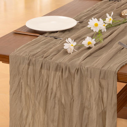 Picture of Socomi 3pcs Nude Coffee Table Runner Spring Easter Cheesecloth Table Runner 120 inch Cheese Cloth Runner 10FT Boho Rustic Gauze Table Runner for Wedding Party Baby Shower Birthday Decor