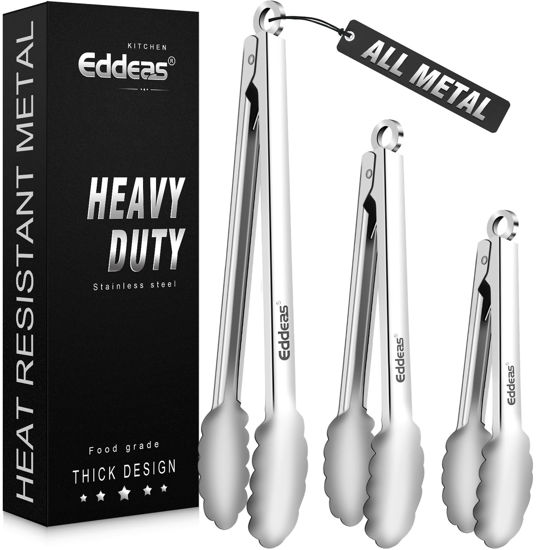 Picture of Eddeas Tongs For Cooking - All Metal Heat Resistant 600 Degrees Kitchen Tongs, Stainless Steel Locking Tongs, For Food,Salad, BBQ, Grill, Dishwasher, Set of 3-7",9" & 12 inch