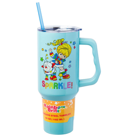Picture of Silver Buffalo Rainbow Brite and Twink Sparkle Stainless Steel Tumbler with Handle and Straw, Fits in Standard Cup Holder, 40 Ounces