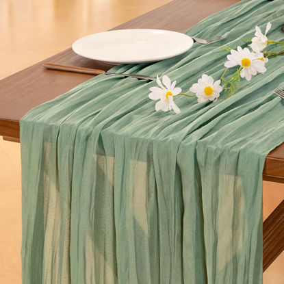 Picture of Socomi 3pcs Sage Green Table Runner Spring Easter Cheesecloth Table Runner 120 inch Cheese Cloth Runner 10FT Boho Rustic Gauze Table Runner for Wedding Party Baby Shower Birthday Decor