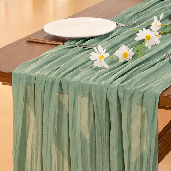 Picture of Socomi 3pcs Sage Green Table Runner Spring Easter Cheesecloth Table Runner 120 inch Cheese Cloth Runner 10FT Boho Rustic Gauze Table Runner for Wedding Party Baby Shower Birthday Decor
