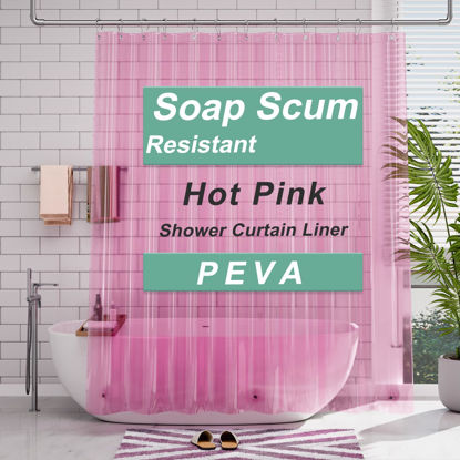 Picture of AmazerBath Shower Curtain Liner, 72x72 Transparent Hot Pink Shower Curtain Liner, Lightweight Plastic Shower Curtain Liner, Cute Waterproof Shower Liner for Bathroom with 3 Magnets & 12 Grommet Holes