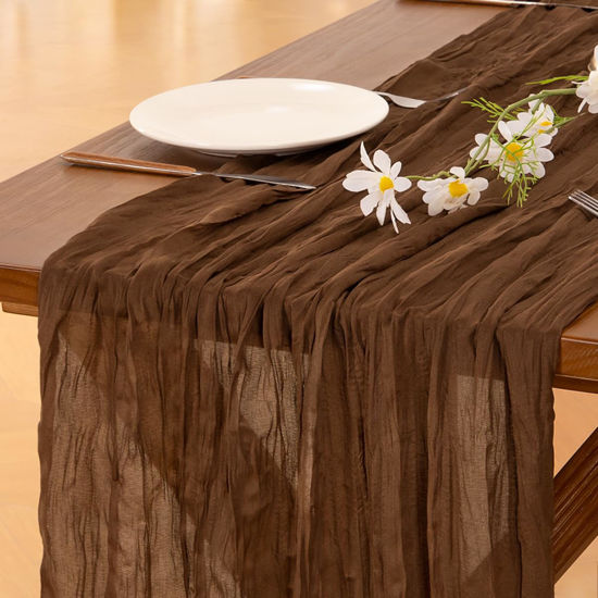 Picture of Socomi Brown Coffee Cheesecloth Table Runner 120 inch Spirng Easter Cheese Cloth Runner 10FT Boho Rustic Gauze Table Runner for Wedding Party Baby Shower Birthday Home Decor