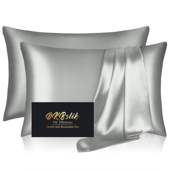 Picture of Silk Pillow Cases 2 Pack, Mulberry Silk Pillowcases Standard Set of 2, Smooth, Anti Acne, Both Sides Natural Silk Satin Pillow Cases for Sleeping Women 2 Pack with Zipper, Silver Grey