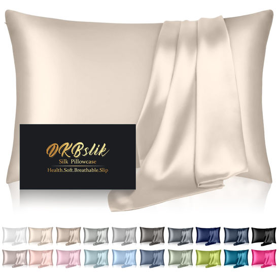 Picture of Silk Pillowcase for Hair and Skin, Mulberry Silk Pillow Cases Standard Size Anti Acne Cooling Beauty Sleep Both Sides Natural Silk Satin Pillow Covers with Hidden Zipper, Gifts for Women Men, Beige