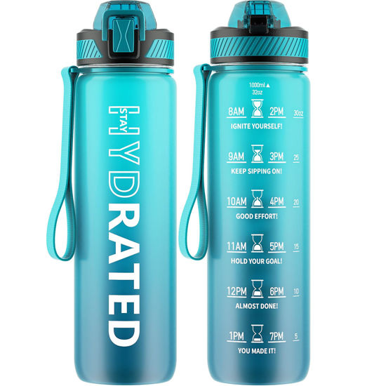 Picture of QLUR Water Bottle with Straw, 32oz Motivational Water Bottles with Time Marker to Drink, Tritan BPA Free, 1L Sports Water Bottle with Carry Strap LeakProof for Women Gym Fitness Outdoor (1 Pack)