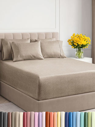 Picture of Extra Deep Cal King Sheet Set - 6 Piece Breathable & Cooling Sheets - Hotel Luxury Bed Sheets Set - Easy Fit - Soft, Wrinkle Free & Comfy Sheets Set - Heathered Beige Sheet Set w/Extra Deep Pockets