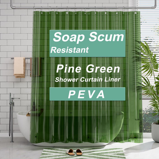 Picture of AmazerBath Shower Curtain Liner, 72x72 Transparent Pine Green Shower Curtain Liner, Lightweight Plastic Shower Curtain Liner, Waterproof Shower Liner for Bathroom with 3 Magnets and 12 Grommet Holes