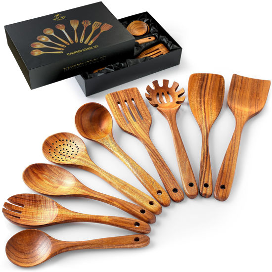 Picture of Zulay Kitchen 9-Piece Teak Wooden Utensils for Cooking - Natural Teak Utensil Set with Premium Gift Box - Non-Stick Wooden Spoons for Cooking - Kitchen Gift Set - Comfortable Grip Wooden Utensil Set