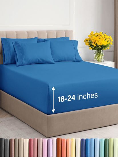 Picture of Extra Deep Cal King Sheet Set - 6 Piece Breathable and Cooling Sheets - Hotel Luxury Bed Sheets Set - Easy Fit - Soft, Wrinkle Free and Comfy Sheets Set - Royal Blue Sheet Set with Extra Deep Pockets