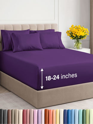 Picture of Extra Deep Cal King Sheet Set - 6 Piece Breathable & Cooling Sheets - Hotel Luxury Bedding Set w/18-24 Inch Extra Deep Pockets - Easy Fit - Super Soft, Wrinkle Free and Comfy - Purple, Cal King Size