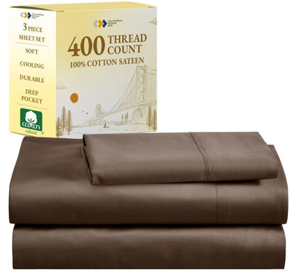 Picture of California Design Den 100% Cotton Sheets Twin XL, 400 Thread Count Sateen, Soft & Breathable, Cooling Brown Sheet Set, Deep Pocket Bed Sheets (Brown)