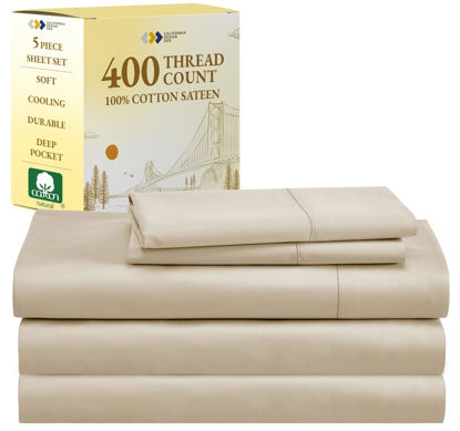Picture of California Design Den Split King Bed Sheets Set, 400 Thread Count 100% Cotton Sateen, Soft & Breathable, Cooling Bed Sheets for Adjustable Beds, Deep Pocket Bed Sheets (Beige)