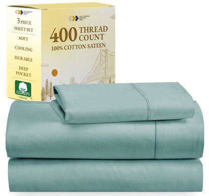 Picture of California Design Den Softest 100% Cotton Sheets, Twin XL Sheets Set, 400 Thread Count Sateen Bedding for Dorm Rooms & Adults, Deep Pocket Sheets, Cooling Sheets (Teal)
