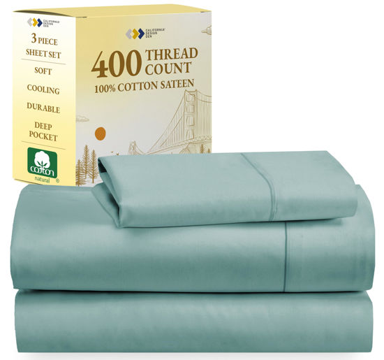 Picture of California Design Den Softest 100% Cotton Sheets, Twin XL Sheets Set, 400 Thread Count Sateen Bedding for Dorm Rooms & Adults, Deep Pocket Sheets, Cooling Sheets (Teal)