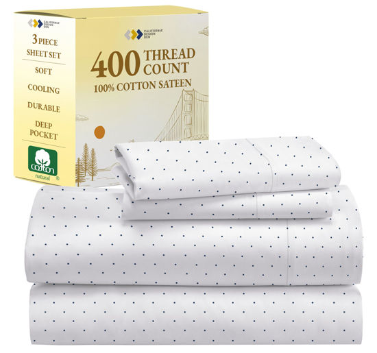 Picture of California Design Den Polka Dot Sheets - Softest 100% Cotton Sheets for Twin Size Bed, Luxury 400 Thread Count Sateen, Printed Pattern Bed Sheets (Polka Dot)